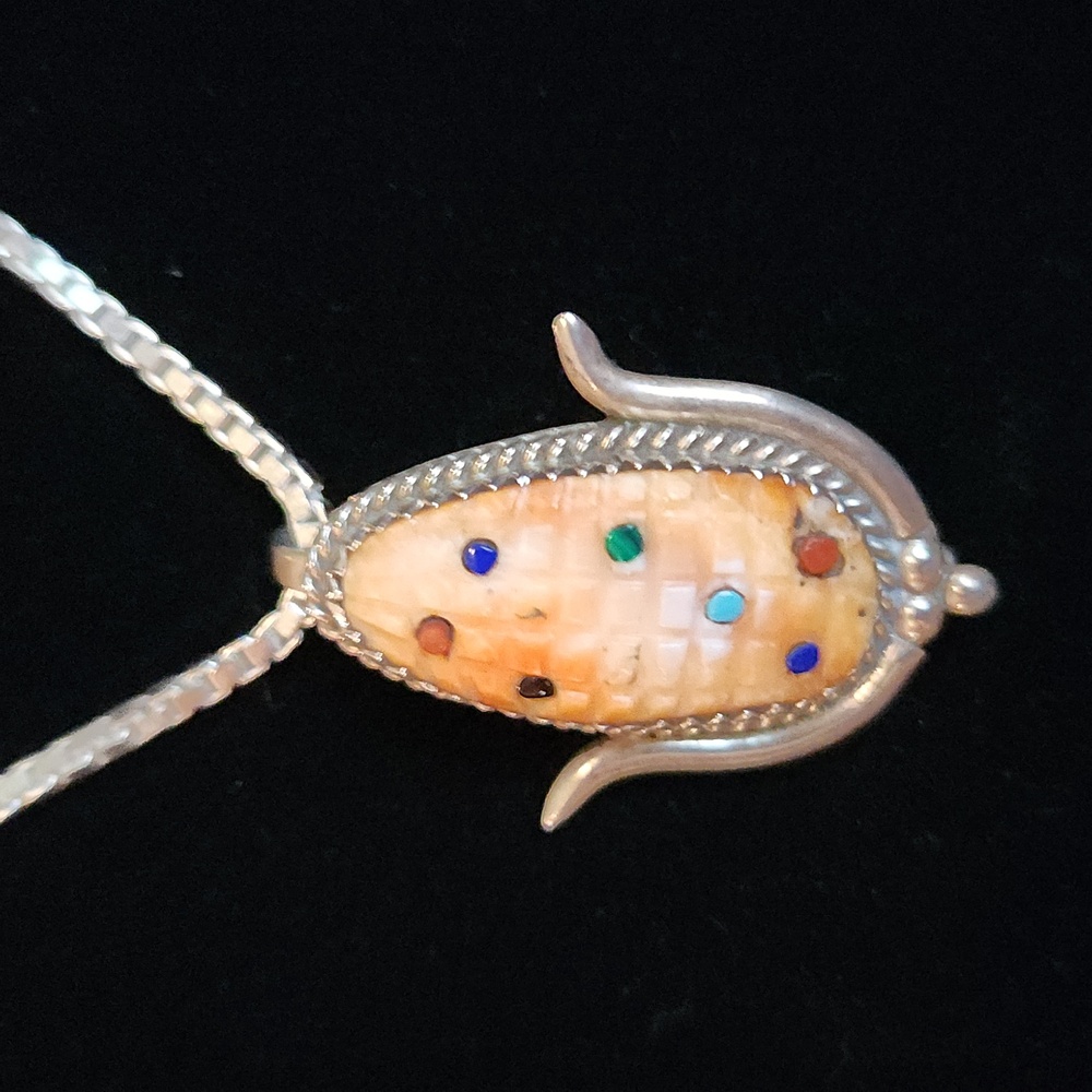 Native American Spiny Orange Turquoise Corn Pin/Pendant Necklace.